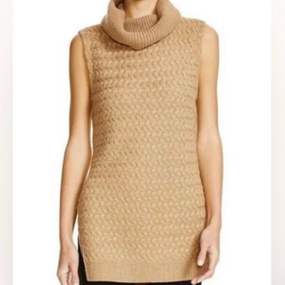 Bailey 44 Cowl Mock Neck Sleeveless Tunic Knit Sweater Camel Beige/Tan. Sz: L